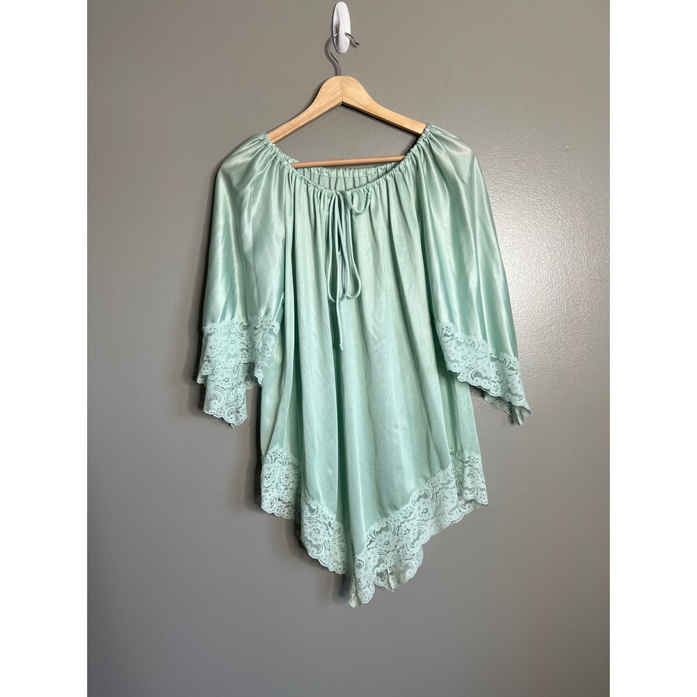 Vintage Val Mode Mint Green Satin Lace Tunic nylon chic boho flowy feminine